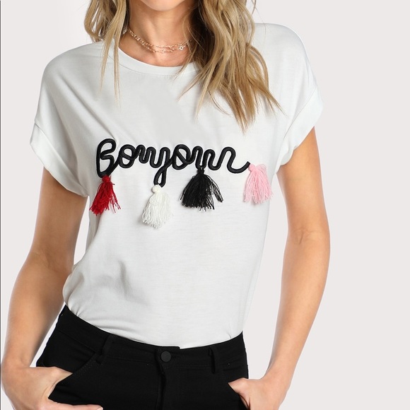 Tops - Bonjour Tassel Detail Graphic Tee | Soft Short Sleeve Top